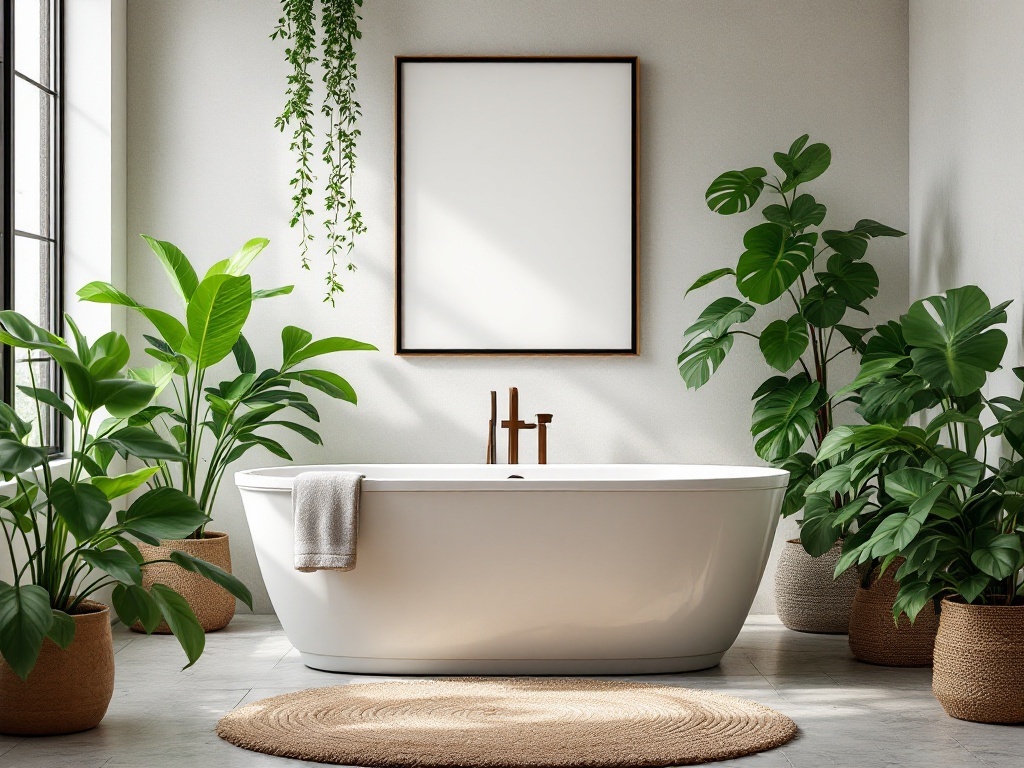 A modern bathroom featuring a freestanding white bathtub surrounded by green plants and a soft rug.