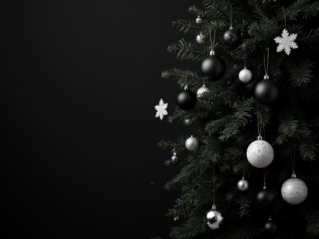 A Christmas tree decorated with black, white, and silver ornaments against a dark background.