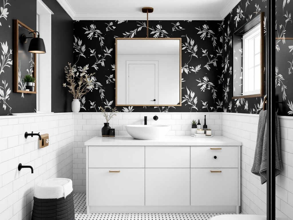 Chic black and white bathroom with floral wallpaper and modern fixtures