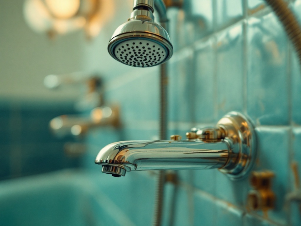 Close-up of a chrome faucet and showerhead against blue tiled wall in a mid-century modern bathroom.