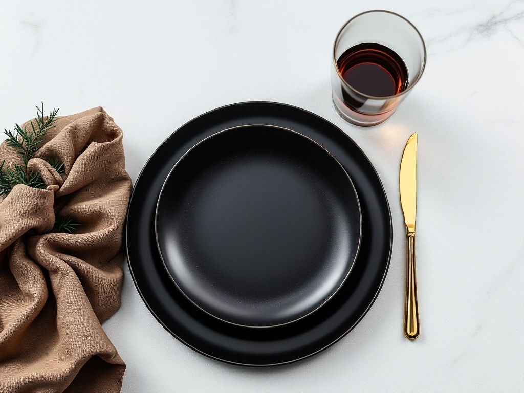 Elegant holiday place setting with a black plate, golden knife, glass of beverage, and taupe napkin with greenery.