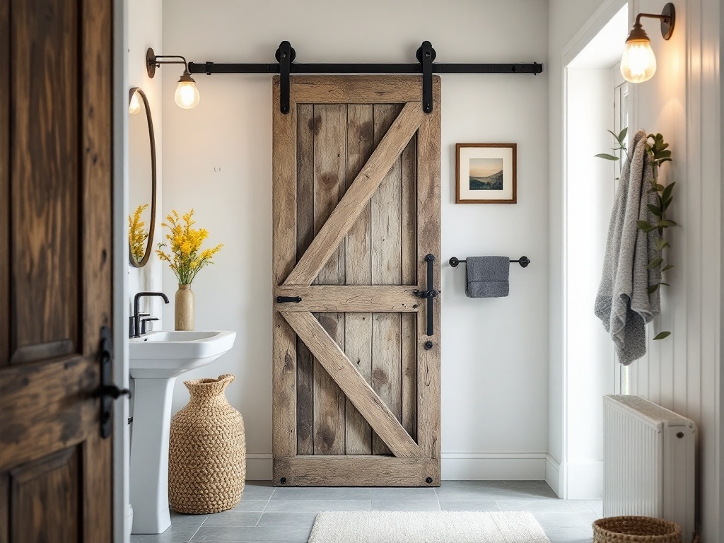 A narrow bathroom featuring a rustic wooden sliding barn door, modern fixtures, and warm decor.