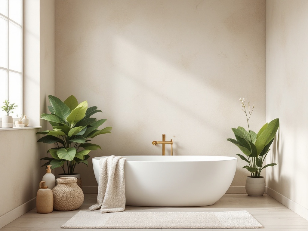 A serene bathroom with a freestanding tub, plants, and natural light.