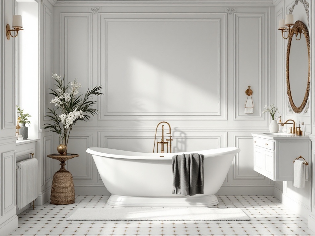 A luxurious bathroom featuring a freestanding white bathtub, gold fixtures, and elegant decor.