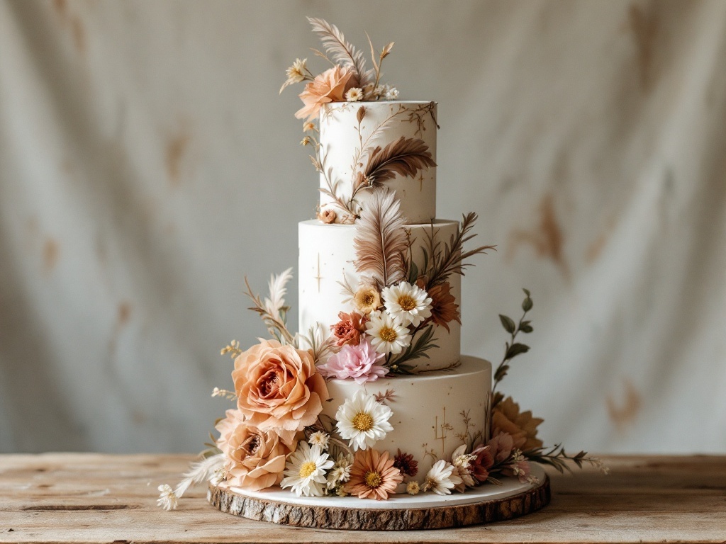 A three-tiered boho wedding cake adorned with flowers and feathers, showcasing artisan craftsmanship.