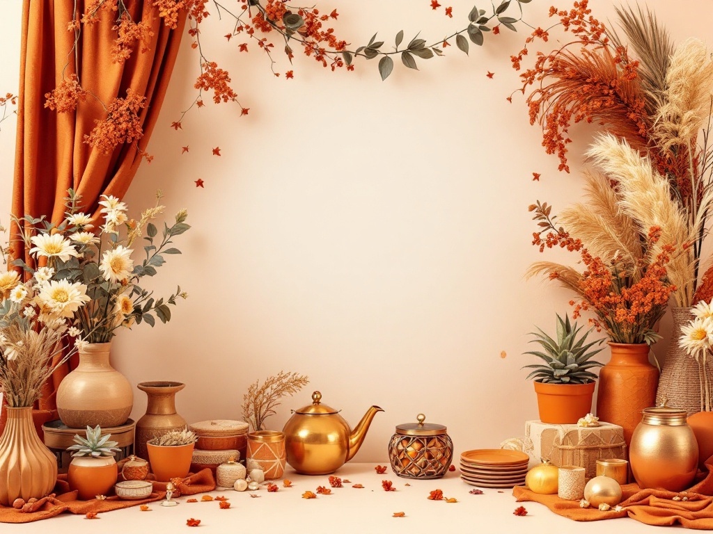 A beautiful arrangement featuring terracotta and gold decor elements, including vases, flowers, and decorative items.