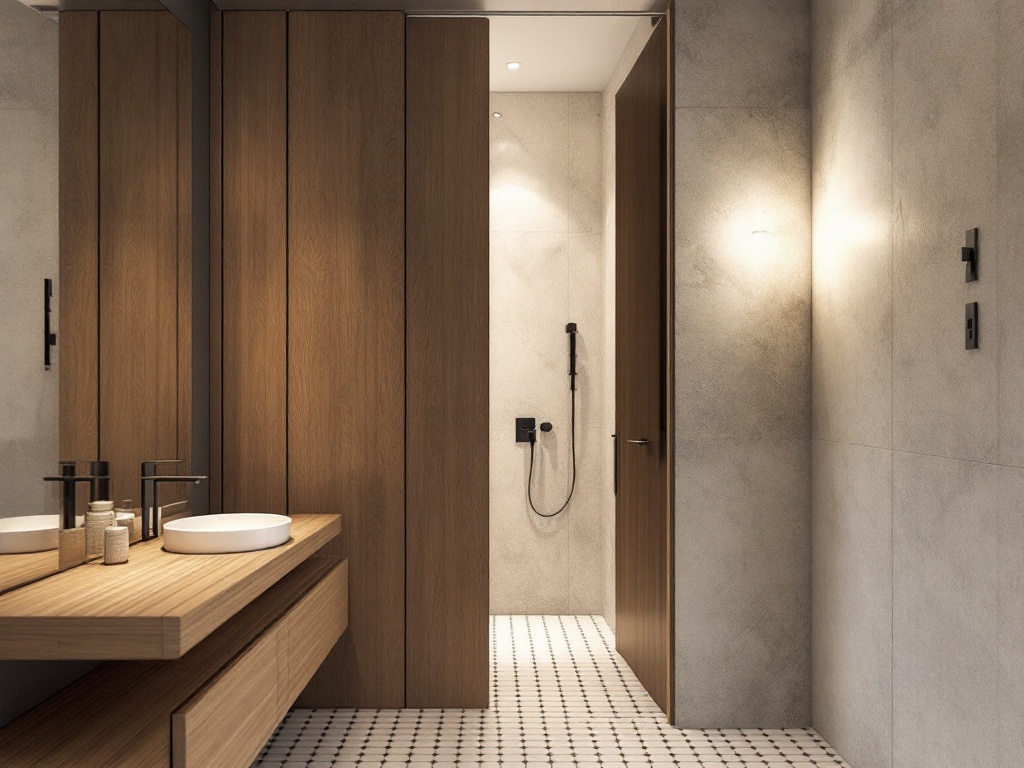 Modern bathroom featuring a pocket door and wooden cabinetry.
