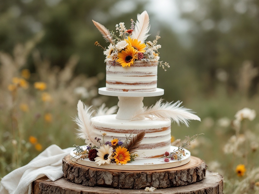 A rustic two-tier wedding cake decorated with sunflowers, wildflowers, and feathers, placed on a wooden stand in a natural setting.