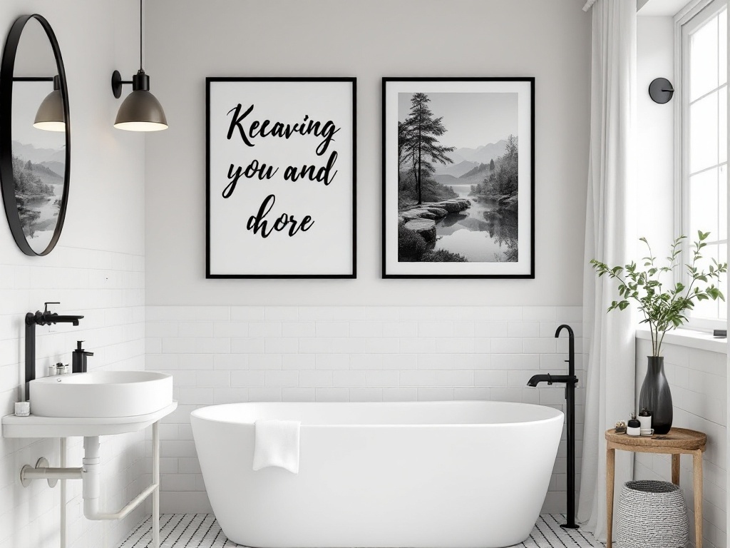 Modern bathroom featuring black and white photography decor with framed images and stylish fixtures.