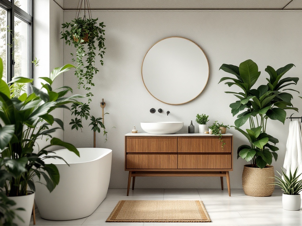 A mid-century modern bathroom featuring a wooden vanity, round mirror, and various plants, including hanging and potted varieties.