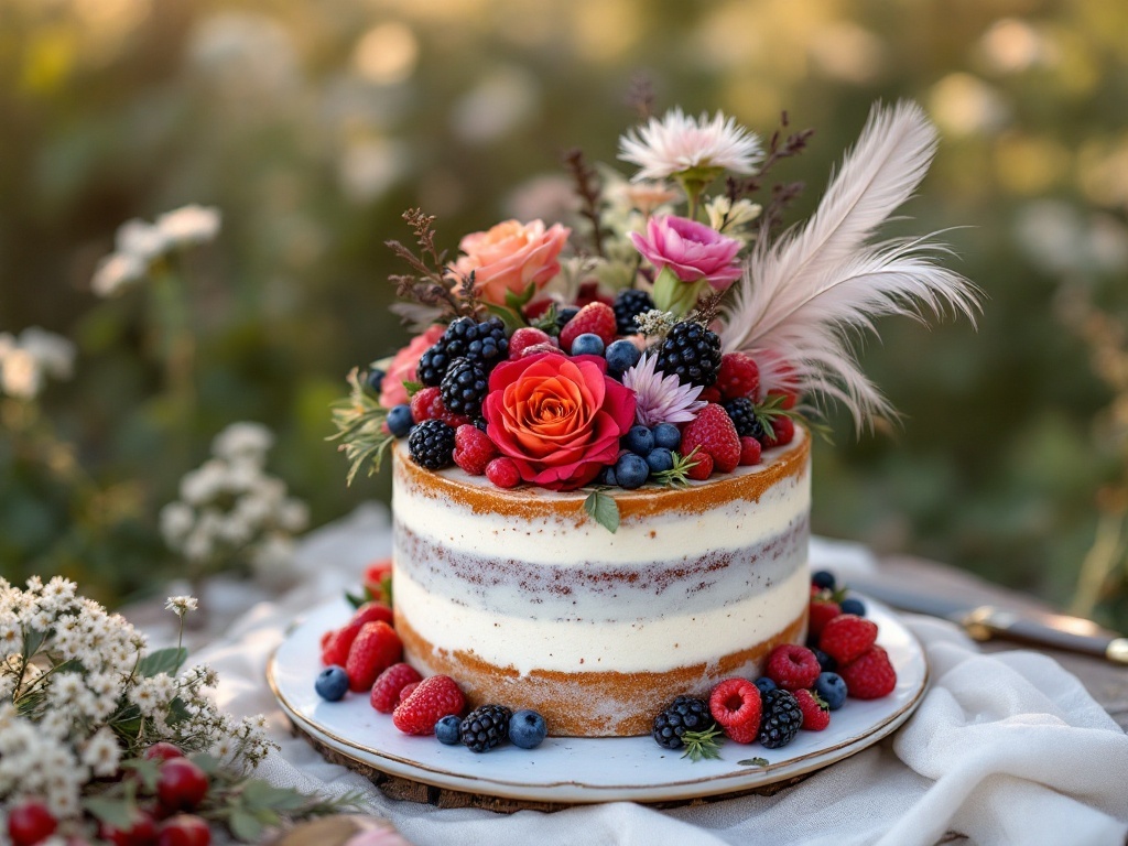 A bohemian wedding cake decorated with flowers and berries, featuring a rustic design.