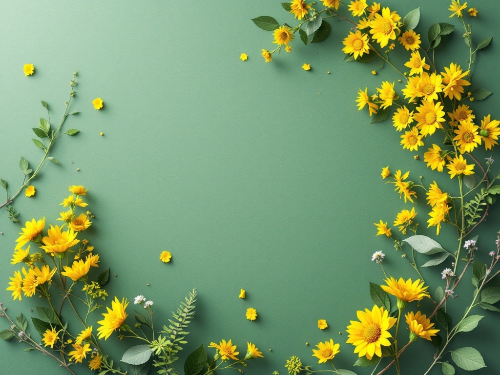 A vibrant arrangement of yellow flowers on a natural green background, symbolizing natural green wedding invitations.