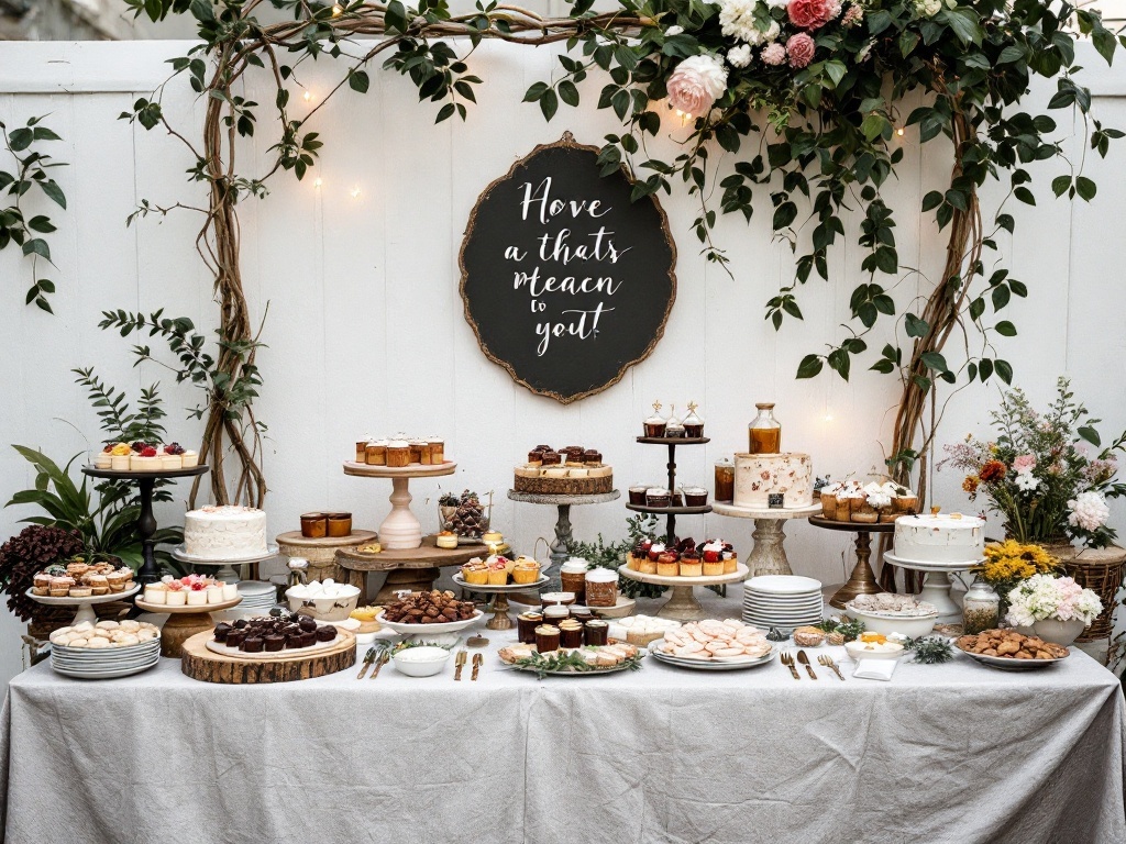 A beautifully arranged dessert bar with various treats for a backyard wedding, featuring cakes, pastries, and a charming sign.