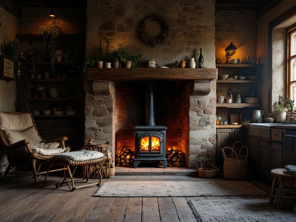 A rustic kitchen featuring a stone fireplace with a stove, wooden mantel, and cozy seating.
