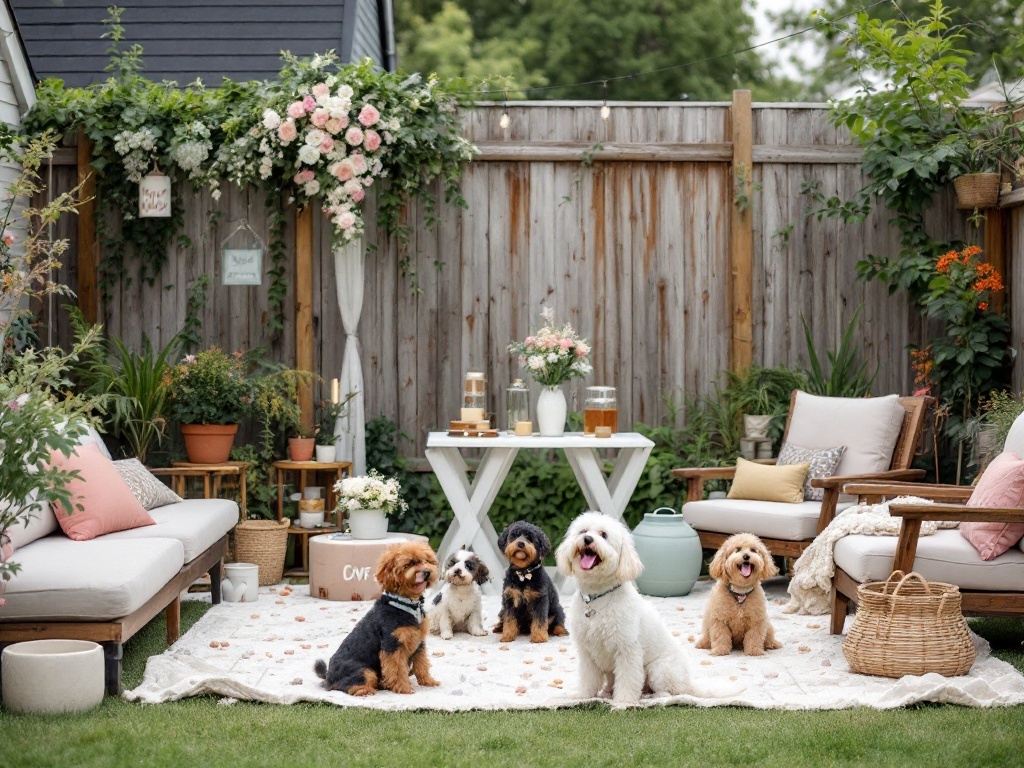 A cozy backyard wedding setup with five dogs sitting on a blanket surrounded by flowers and comfortable seating.