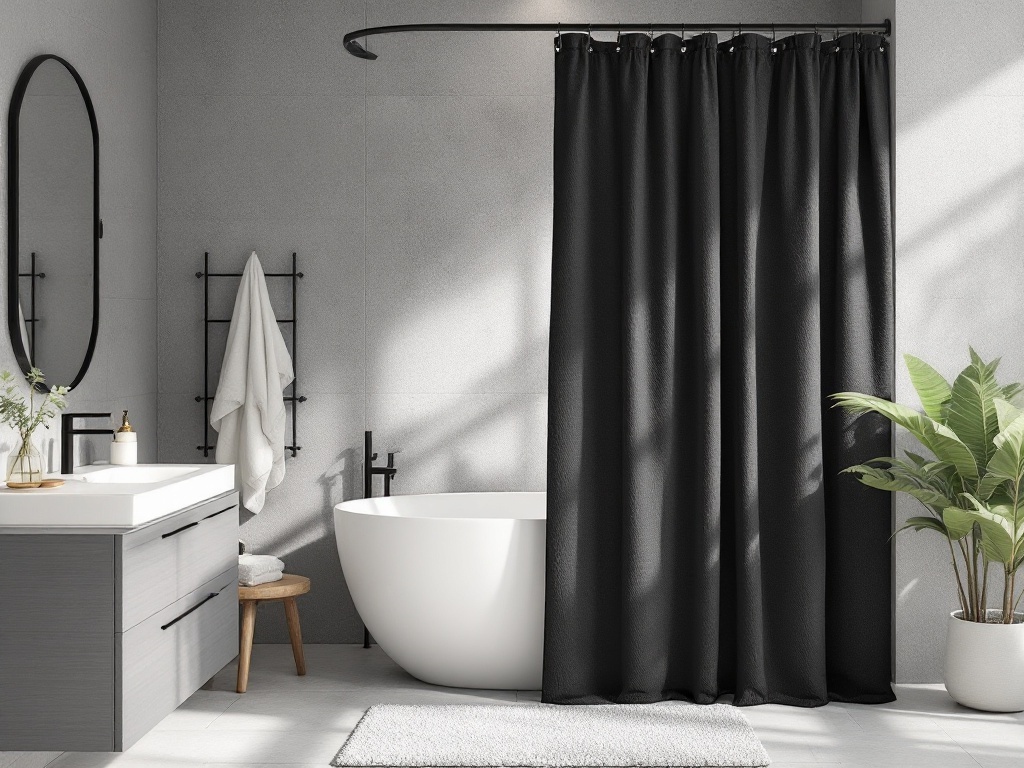 Modern bathroom featuring a black framed shower curtain, white bathtub, and sleek vanity.