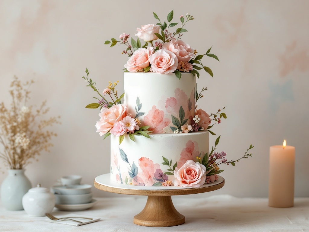 A three-tiered wedding cake with watercolor design and floral decorations