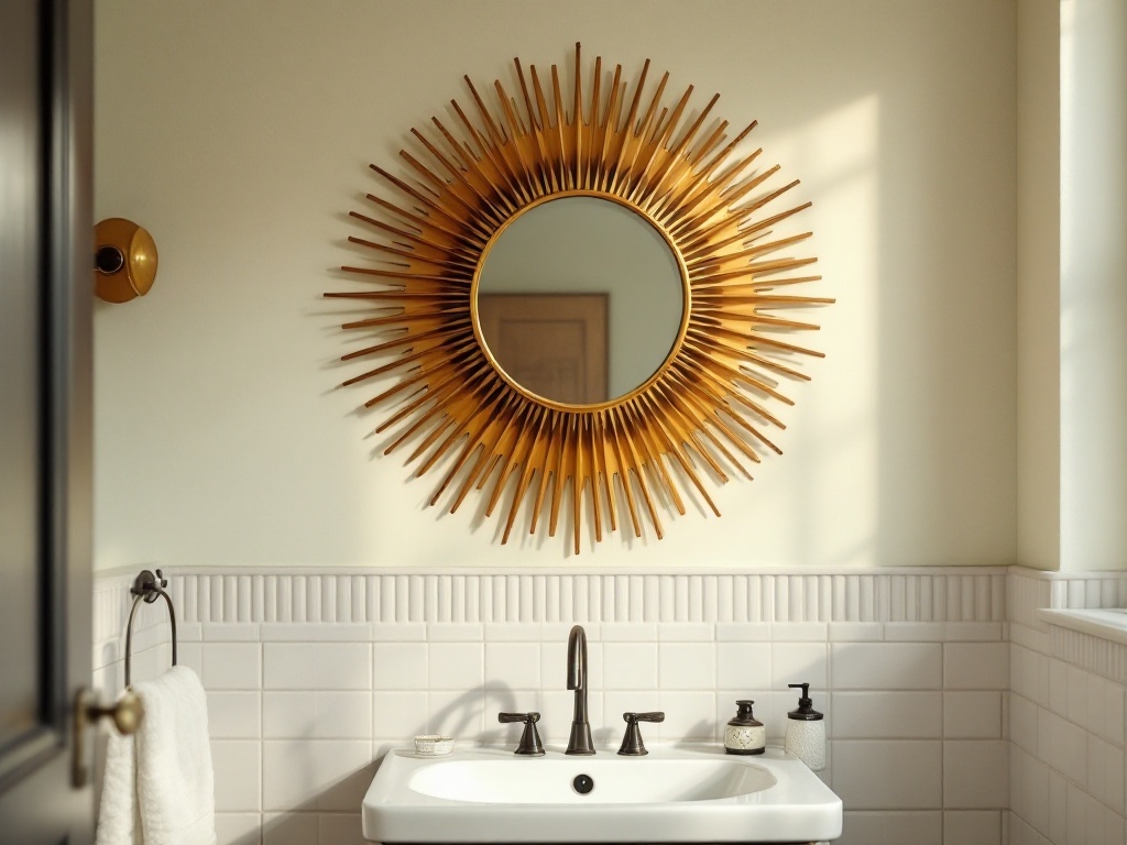 A vintage sunburst mirror in a mid-century modern bathroom, featuring a white sink and tiled wall.