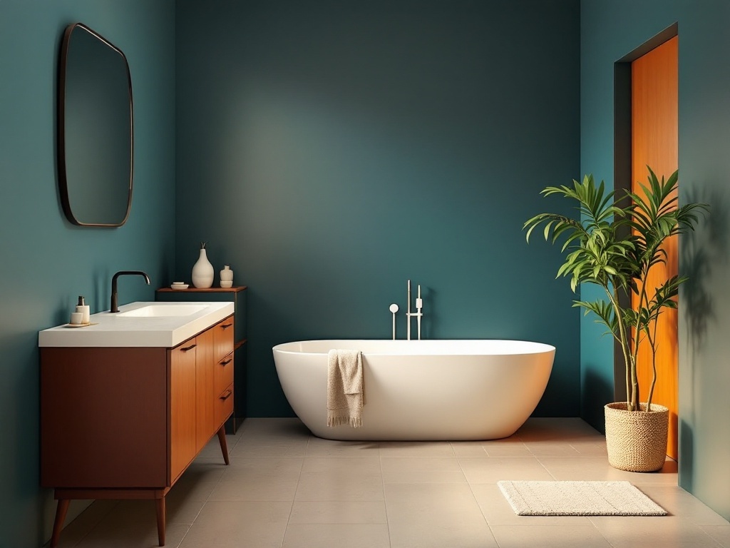 A mid-century modern bathroom featuring a deep teal accent wall, a freestanding bathtub, and a wooden vanity.