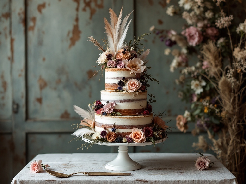 A naked wedding cake with floral tiers, featuring roses and feathers, displayed on a pedestal.