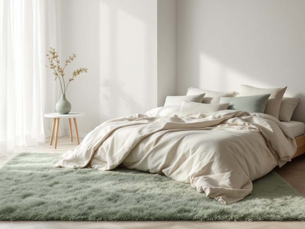 A cozy bedroom featuring a sage green rug, light bedding, and a simple vase on a side table.