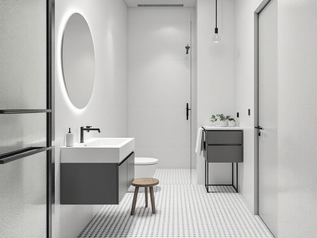 A minimalist narrow bathroom featuring white walls, a round mirror, dark cabinetry, and a compact sink.