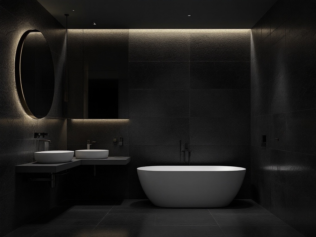 Modern bathroom featuring textured black wall panels with a freestanding tub and stylish fixtures.