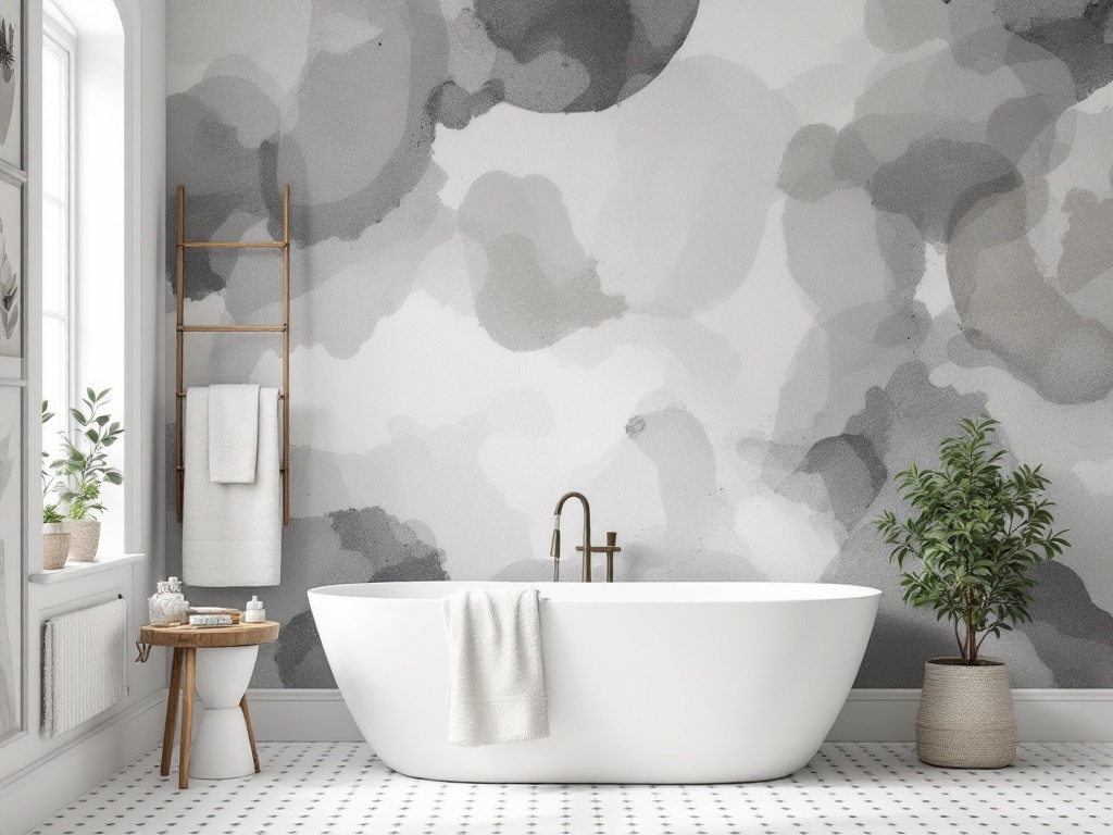 A modern bathroom with abstract gray wallpaper, a freestanding bathtub, and wooden decor elements.