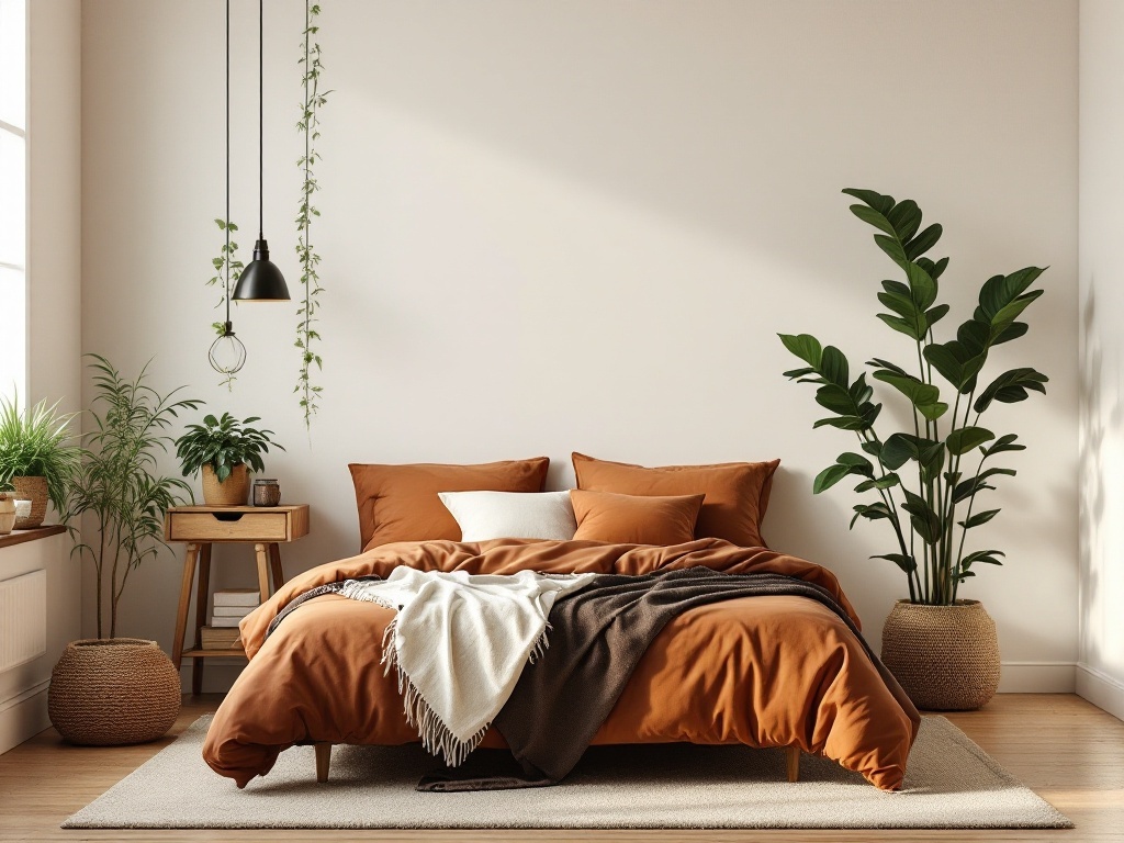 A cozy bedroom featuring earthy tones with green plant accents.