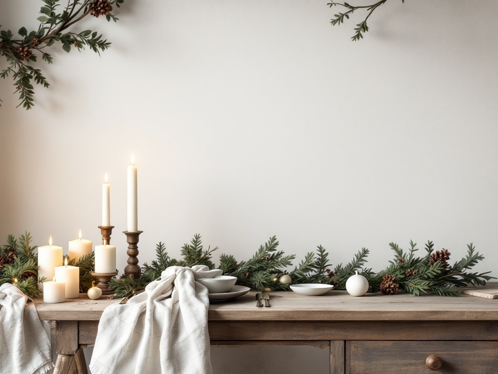 A rustic wooden table decorated with candles, greenery, and dishware for a cozy holiday setting.