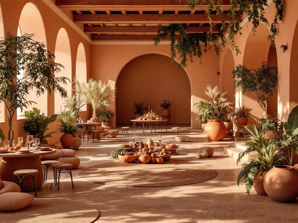 A terracotta-themed wedding reception decor featuring earthy tones, lush greenery, and elegant table settings.