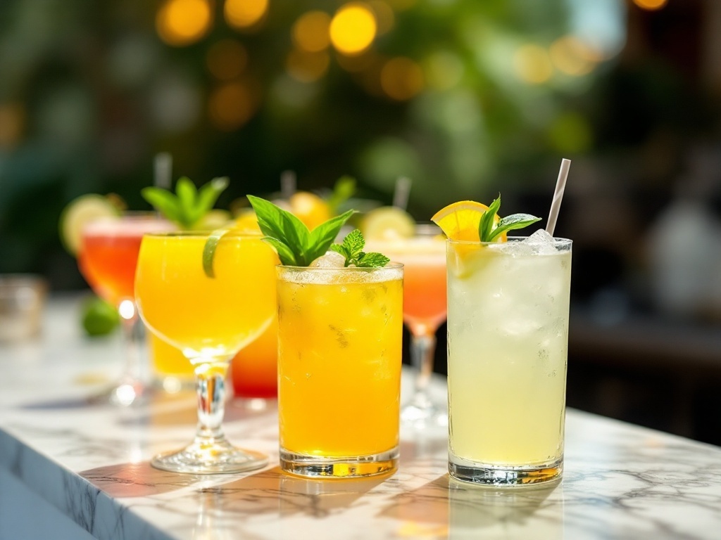 A variety of colorful cocktails in yellow and green shades, garnished with fruits and herbs.