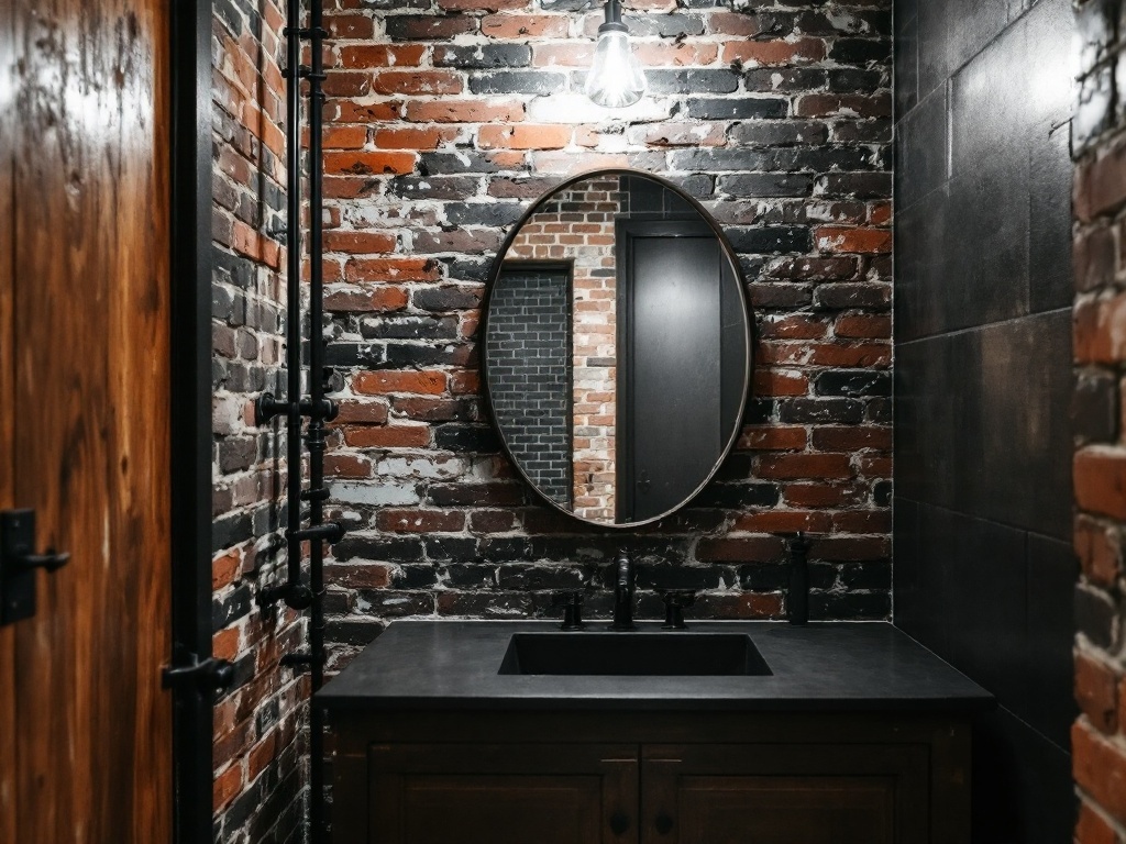 Modern industrial bathroom featuring exposed brick walls and black pipe details.