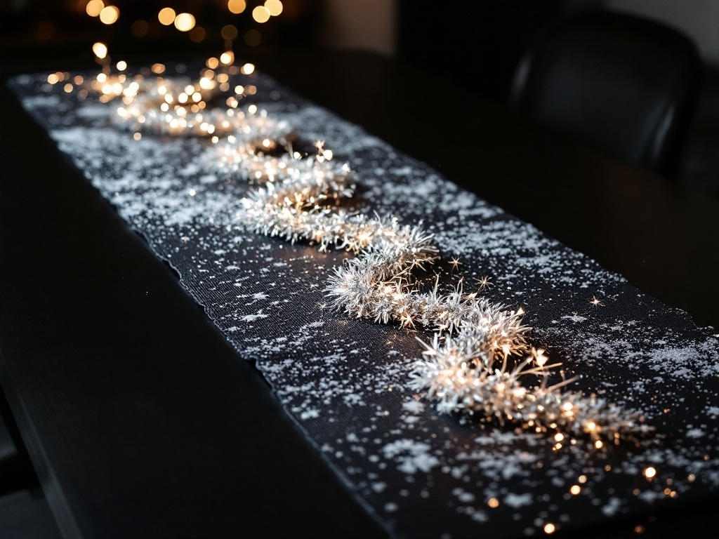 A snowy table runner with sparkling lights on a dark table