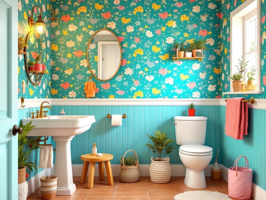 A bright and colorful bathroom with floral wallpaper, a round mirror, and plants.