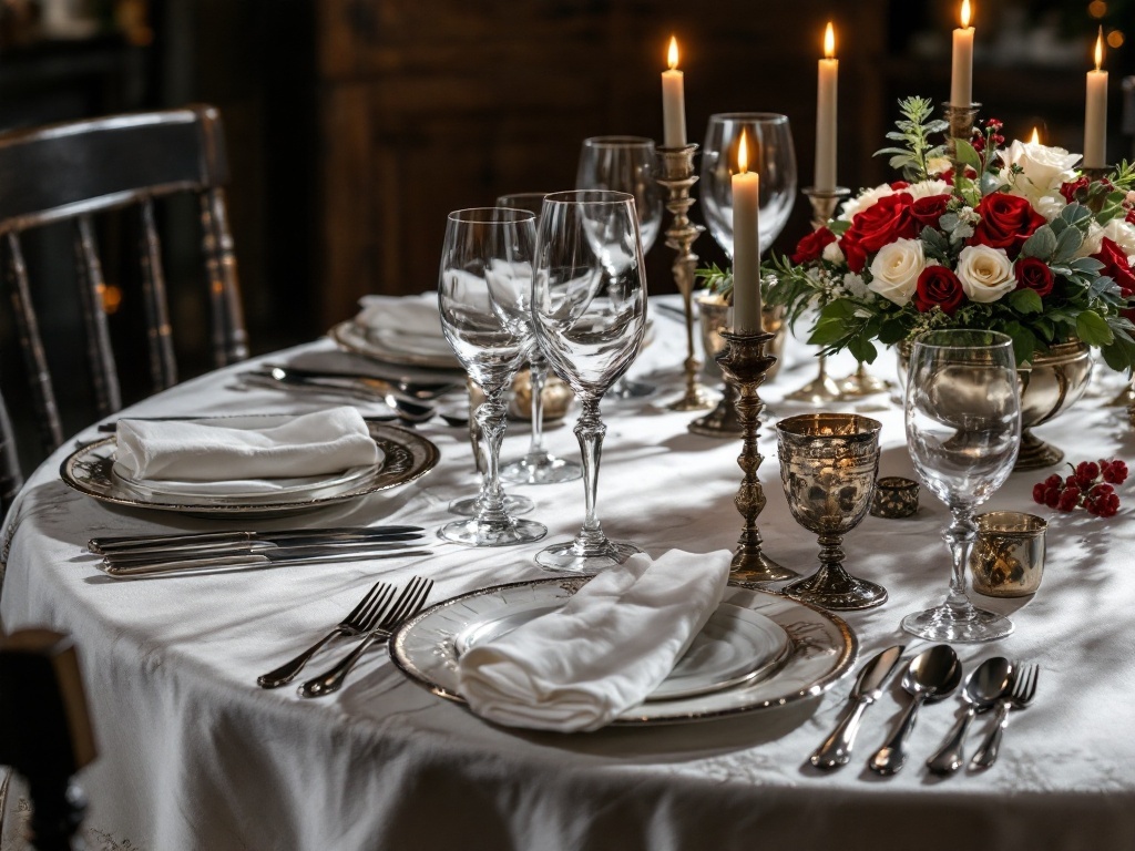 A beautifully set dining table featuring antique silverware, glassware, and a floral centerpiece with candles.
