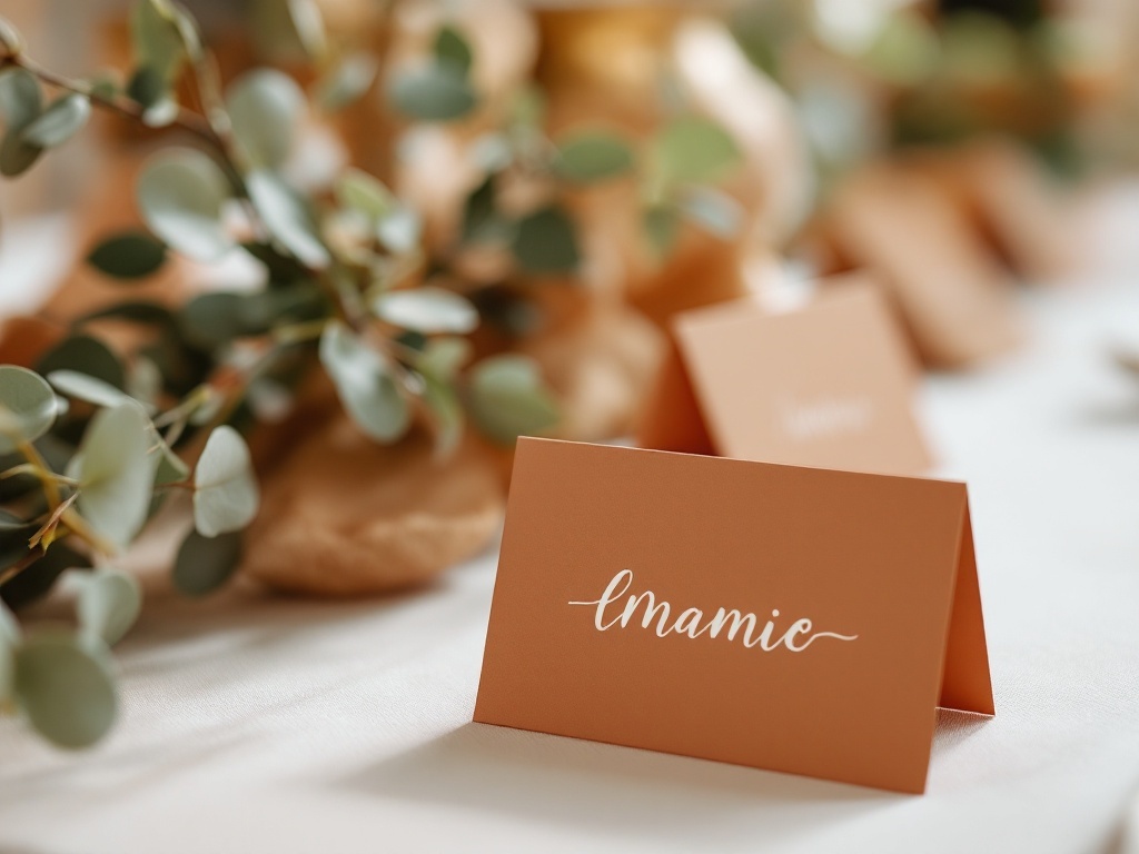 Terracotta place cards with handwritten names on a table setting