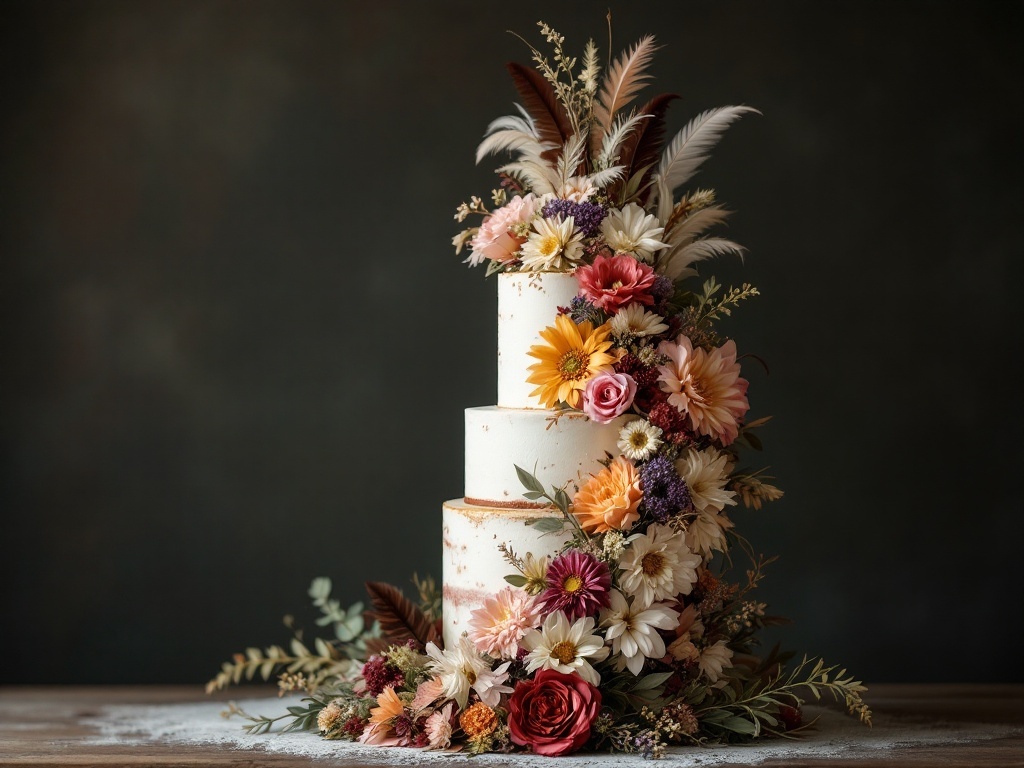 A three-tiered wedding cake adorned with a cascading arrangement of colorful flowers and feathers.