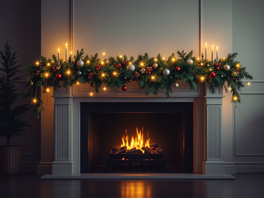 A beautifully decorated garland on a fireplace mantel with ornaments and lights.