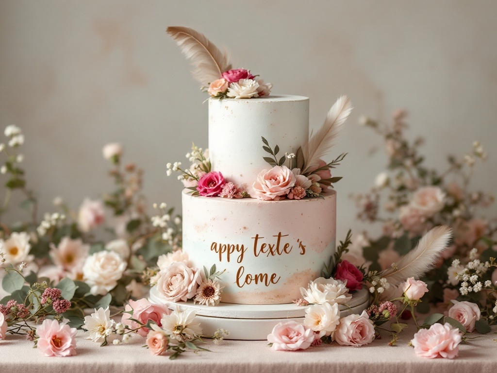A two-tiered wedding cake adorned with pastel flowers and feathers, featuring soft pinks and whites.
