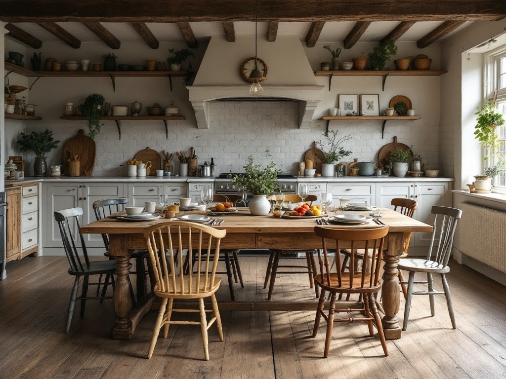 A rustic kitchen featuring a classic wooden dining table surrounded by various chairs, set with tableware and fresh fruits, with open shelving in the background.