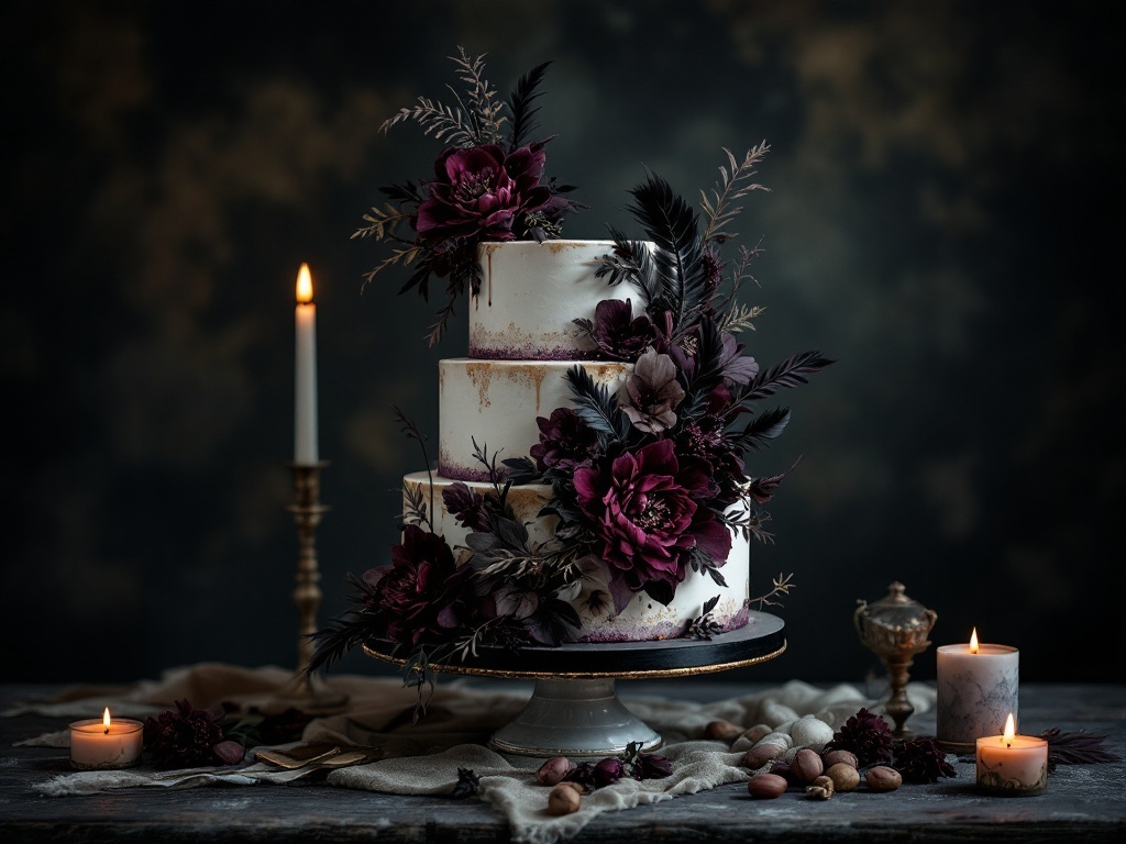 A three-tiered wedding cake decorated with dark purple flowers and feathers, surrounded by candles.