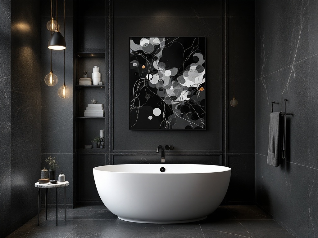 Modern bathroom with black wall art, white bathtub, and stylish decor