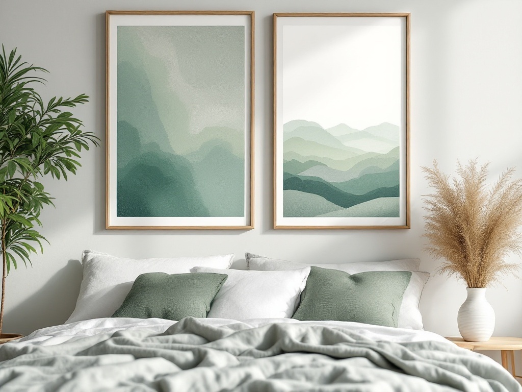 A cozy sage green bedroom featuring framed mountain art, soft bedding, and a plant.
