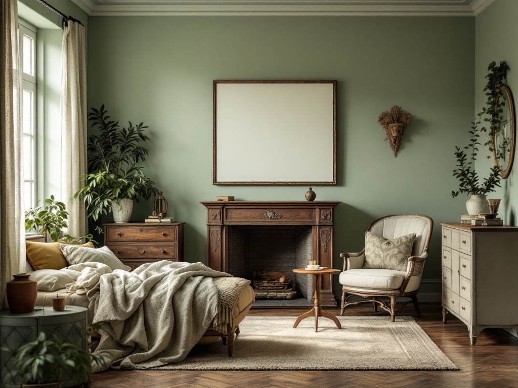 A cozy sage green bedroom featuring vintage furniture, a fireplace, and plants.