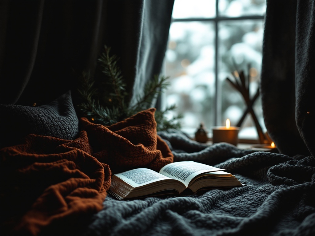 A cozy scene featuring dark textured fabrics, a book, and candles by a window with snow outside.