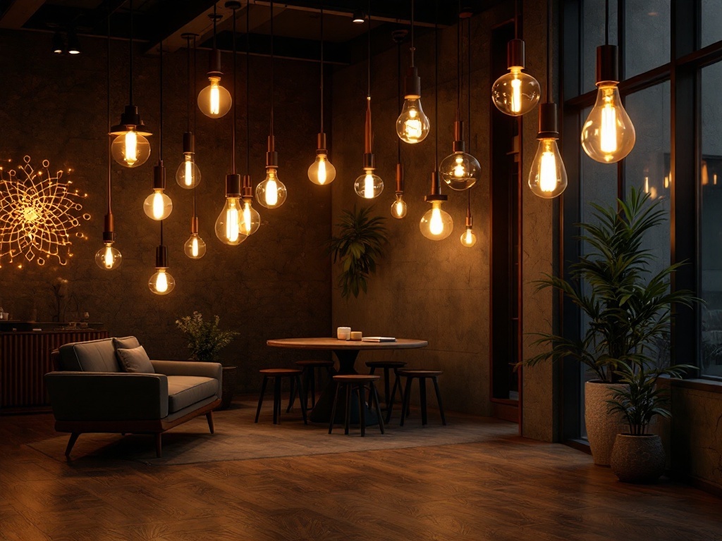 A modern bathroom with various hanging light fixtures, showcasing a blend of styles and warm lighting.