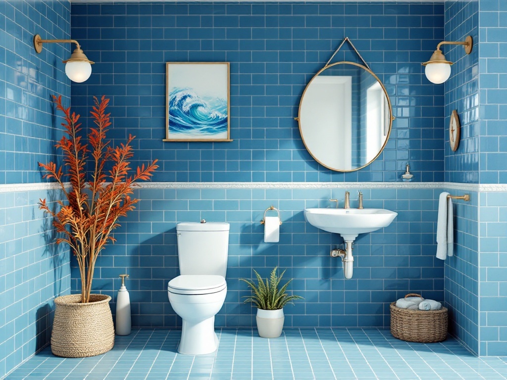 A bathroom with blue tiles, nautical decor, and plants.