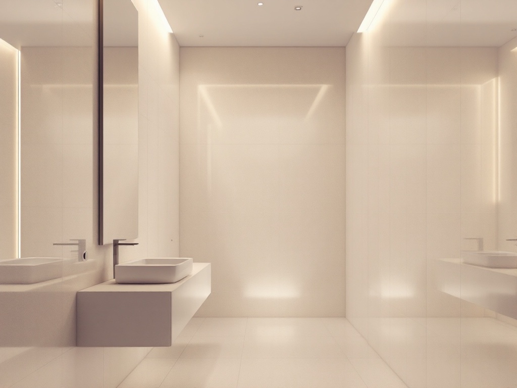 A narrow bathroom featuring a large mirror, minimalist design, and soft lighting.