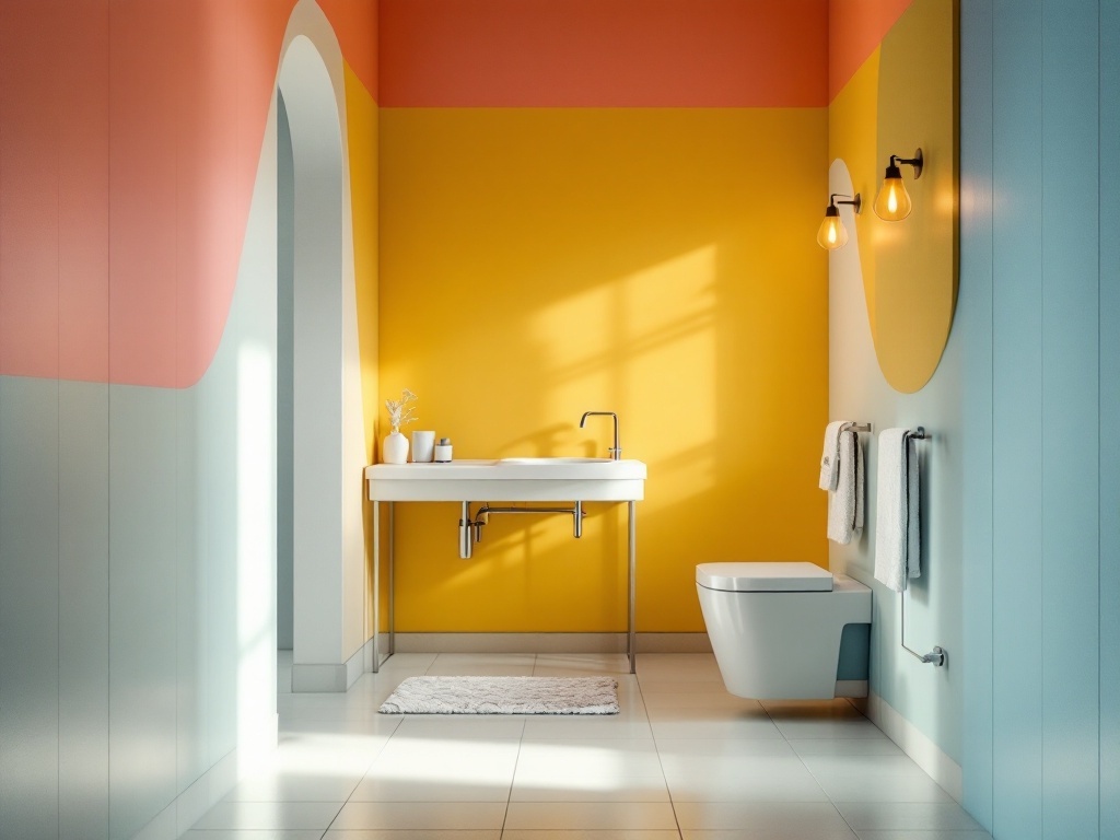 A narrow bathroom featuring color blocking with pink, yellow, and blue walls, a modern sink, and stylish lighting.